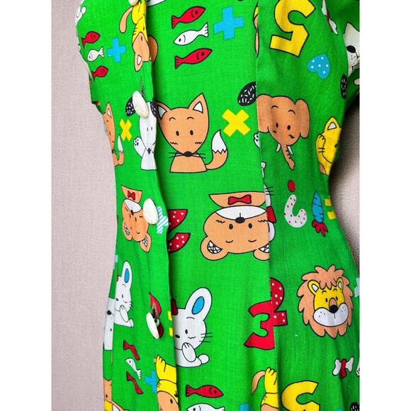 Vintage 80s Novelty Print Dress | Cartoon Kawaii Puff Sleeve Button-Front | S/M - Picture 8 of 9